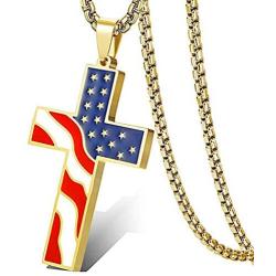 Hahafash American USA Flag Cross Day Gift Stainless Steel Patriotic Cross Religious Pendant Necklace Jewelry for Men Women