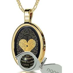 Nano Jewelry Gold Plated Silver Love Necklace I Love You in 120 Languages Pendant Inscribed in 24k Gold in Miniature Text onto a Romantic Oval Black Onyx Gemstone for Women, 20'' Figaro Chain