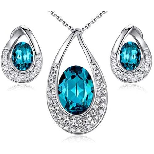 [Presented by Miss New York] Leafael''Angels Teardrop'' Made with Premium Crystals Blue Zircon Jewelry Set Earrings Necklace, 18'' +2'', Nickel/Lead/Allergy Free, Luxury Gift Box