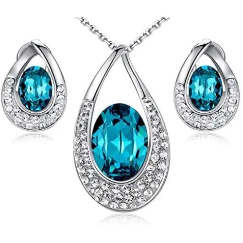 [Presented by Miss New York] Leafael''Angels Teardrop'' Made with Premium Crystals Blue Zircon Jewelry Set Earrings Necklace, 18'' +2'', Nickel/Lead/Allergy Free, Luxury Gift Box