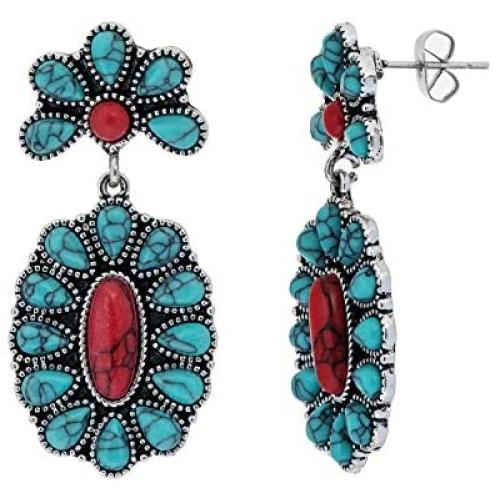 Cowlyn Turquoise Earring Green Bohemian Style Flowers Dangle Drop Exaggerated Retro Ladies 925 Silver Handmade Valentine Women Jewelry