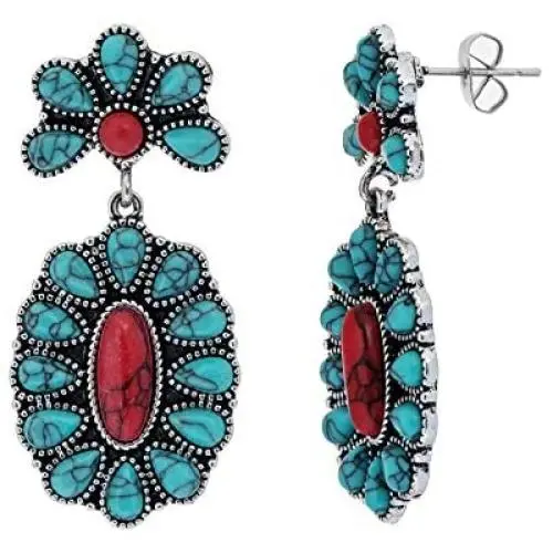 Cowlyn Turquoise Earring Green Bohemian Style Flowers Dangle Drop Exaggerated Retro Ladies 925 Silver Handmade Valentine Women Jewelry