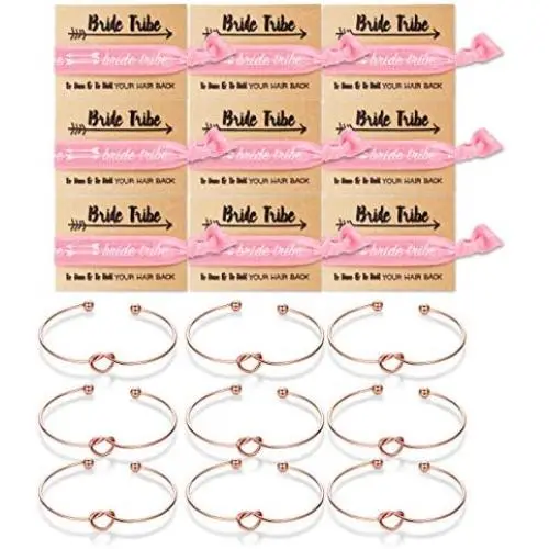Bridesmaid bracelets-Ikooo 5 pcs Love Knot Open Bangle With Bride Tribe Hair tie for Best Friend, BFF of the Bride wedding Gift