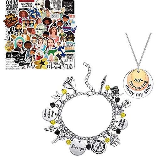 Finduat 50 Pcs Broadway Hamilton Musical Sticker, 2 Pcs Not Throwing Away My Shot Necklace and Broadway Hamilton Musical Theme Charm Bracelet Necklace Set for Teen Girls Jewelry