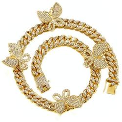 QNNY 12mm Butterfly Bracelet Necklace for Men Women 8 18 20 24 Inch Cuban Chain Link 18K Gold Plated Iced Out Miami Hip Hop Jewelry