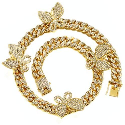 QNNY 12mm Butterfly Bracelet Necklace for Men Women 8 18 20 24 Inch Cuban Chain Link 18K Gold Plated Iced Out Miami Hip Hop Jewelry
