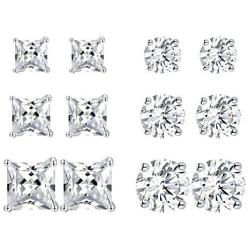 6 Pairs 18K Gold Plated Cubic Zirconia Stud Earrings Set Princess Round Clear Sparkling CZ Hypoallergenic Jwerlry for Women Men