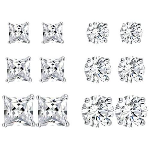 6 Pairs 18K Gold Plated Cubic Zirconia Stud Earrings Set Princess Round Clear Sparkling CZ Hypoallergenic Jwerlry for Women Men