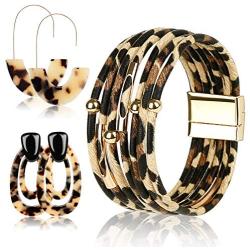 OKROSTOY 3Pcs Leopard Print Earrings Cheetah Earrings Leopard Jewelry Set for Women, Leopard Print Bracelet Multilayer Leather Cuff Bracelet and Leopard Leather Earrings for Women Girls Fashion