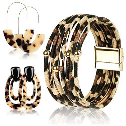 OKROSTOY 3Pcs Leopard Print Earrings Cheetah Earrings Leopard Jewelry Set for Women, Leopard Print Bracelet Multilayer Leather Cuff Bracelet and Leopard Leather Earrings for Women Girls Fashion