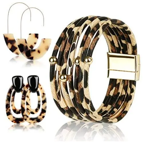 OKROSTOY 3Pcs Leopard Print Earrings Cheetah Earrings Leopard Jewelry Set for Women, Leopard Print Bracelet Multilayer Leather Cuff Bracelet and Leopard Leather Earrings for Women Girls Fashion OKROSTOY 3Pcs Leopard Print Earrings Cheetah Earrings Leopard Jewelry Set for Women, Leopard Print Bracelet Multilayer Leather Cuff Bracelet and Leopard Leather Earrings for Women Girls Fashion