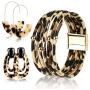OKROSTOY 3Pcs Leopard Print Earrings Cheetah Earrings Leopard Jewelry Set for Women, Leopard Print Bracelet Multilayer Leather Cuff Bracelet and Leopard Leather Earrings for Women Girls Fashion