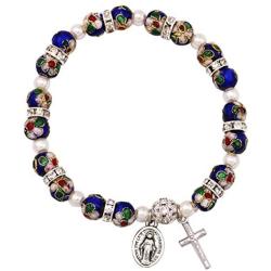 Rosemarie Collections Womens Cloisonne Beaded Stretch Rosary Bracelet with Crucifix and Miraculous Medal