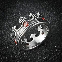 HZMAN Mens Vintage Biker Ruby Royal King Crown Ring Stainless Steel Silver Gold Cross Band