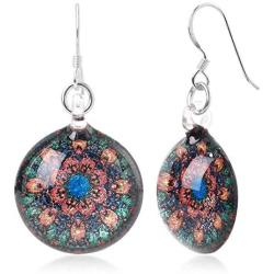 SUVANI Sterling Silver Hand Blown Murano Glass Multi-Colored Magic Mandala Flower Round Dangle Earrings