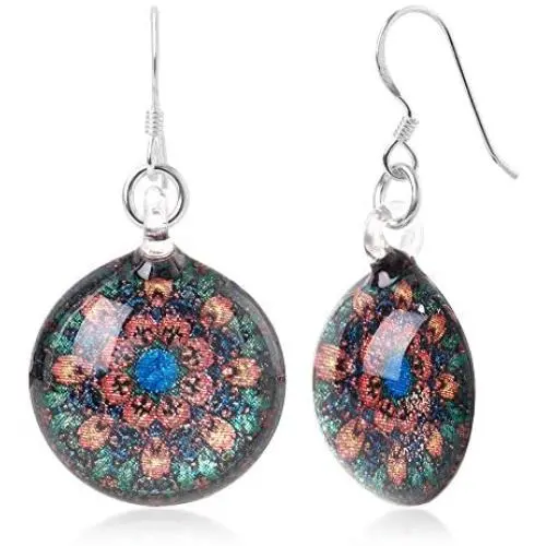 SUVANI Sterling Silver Hand Blown Murano Glass Multi-Colored Magic Mandala Flower Round Dangle Earrings SUVANI Sterling Silver Hand Blown Murano Glass Multi-Colored Magic Mandala Flower Round Dangle Earrings