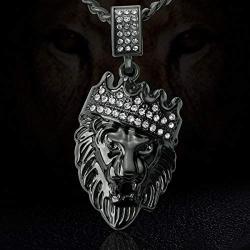 Aiyo Fashion Hip Hop Jewelry Crown Lion Head Pendant Iced Out Clear Rhinestones Curb Cuban Chain Stainless Steel Necklace