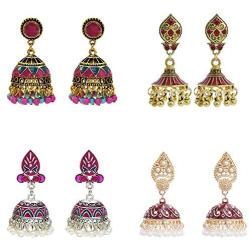 Gypsy Indian Bell Dangle Earrings Set - Retro 4pair/set Round Bell Tassel Hollow Jhumka Earrings for Women