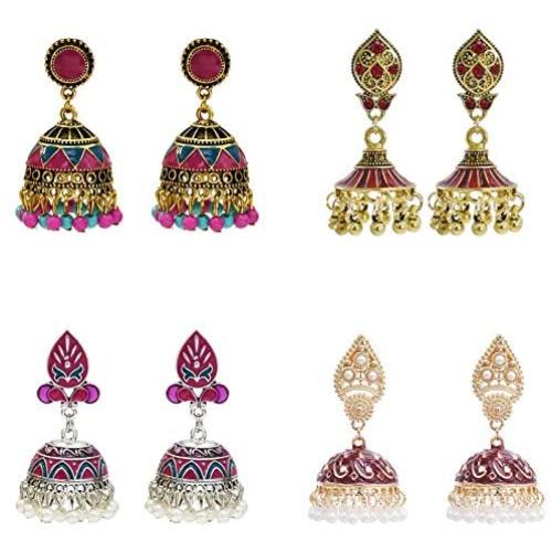 Gypsy Indian Bell Dangle Earrings Set - Retro 4pair/set Round Bell Tassel Hollow Jhumka Earrings for Women