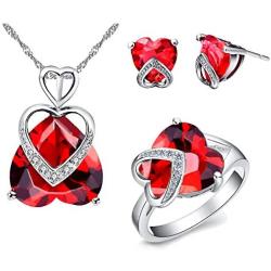 Uloveido Big Red Purple Heart Pendant Necklace AAA Cubic Zirconia Stud Drop Earrings and Solitaire Ring Crystal Wedding Engagement Jewelry Set for Women Girls Gift T086