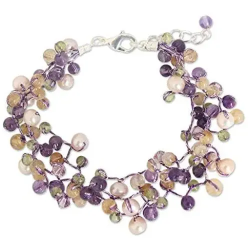 NOVICA Multi-Gem Amethyst Cultured Freshwater Pearl Silver Plated Beaded Bracelet Mystic Passion NOVICA Multi-Gem Amethyst Cultured Freshwater Pearl Silver Plated Beaded Bracelet Mystic Passion