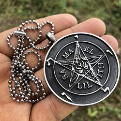 Church of Satan Jewelry The Sigil of Baphomet SAMAEL-LILITH Inverted Pentacle Pentagram Star Satanic Devil LaVeyan Satanism Wicca Witchcraft Pewter Mens Pendant Necklace charm men w Silver ball chain