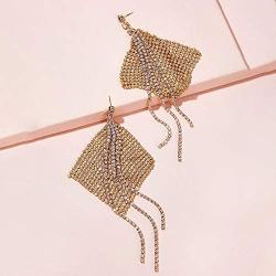 Solememo Gold Tone Elegant Geometric Long Tiered Chandelier Dangle Earrings with Faux Pear Gold DIsc Mesh Metal Crystals Tassel Statement Drop Earrings for Women Teen Girls (Gold Mesh)