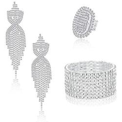 Sllaiss Rhinestone Bridal Jewelry Set for Women Sparkling Rhinestone Stretch Bracelet Ring Dangle Tassel Earrings Set Costume Jewelry