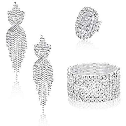 Sllaiss Rhinestone Bridal Jewelry Set for Women Sparkling Rhinestone Stretch Bracelet Ring Dangle Tassel Earrings Set Costume Jewelry
