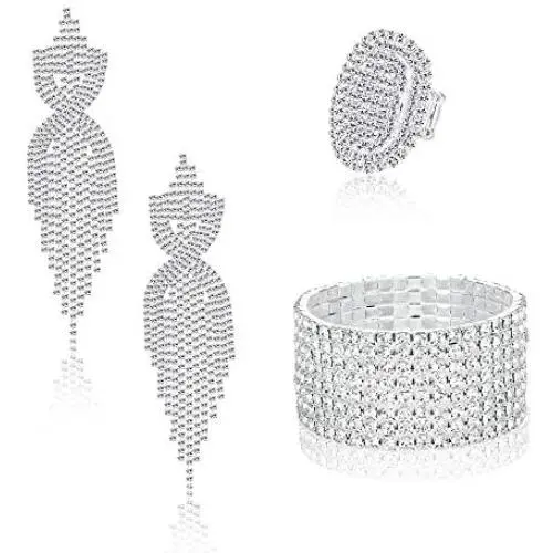 Sllaiss Rhinestone Bridal Jewelry Set for Women Sparkling Rhinestone Stretch Bracelet Ring Dangle Tassel Earrings Set Costume Jewelry Sllaiss Rhinestone Bridal Jewelry Set for Women Sparkling Rhinestone Stretch Bracelet Ring Dangle Tassel Earrings Set Costume Jewelry