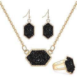 MissNity Colorful Faux Druzy Jewelry Set Drusy Necklace Dangle Earring Ring Silver Plated Hexagon Pendant for Girls