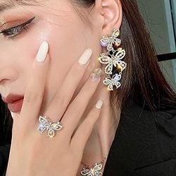 fxmimior Fashion Women Asymmetry Silver Full Rhinestones Pearls Butterfly Earrings Ring Loop Long Chain Drop Dangle Earrings Jewelry for Women