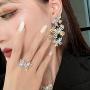 fxmimior Fashion Women Asymmetry Silver Full Rhinestones Pearls Butterfly Earrings Ring Loop Long Chain Drop Dangle Earrings Jewelry for Women
