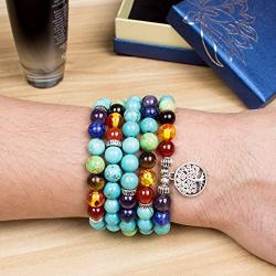 PWMENLK Jewelry,8MM Turquoise 108 Rosary Prayer Mala Beads Tree of Life 7 Chakra Bracelet Necklace