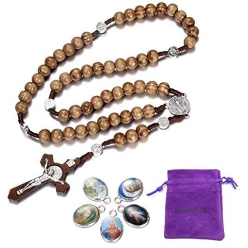 LH1028 Catholic Rosary Round Wooden Bead Handmade Line Christian Vintage Cross Ornament Rosary Necklace