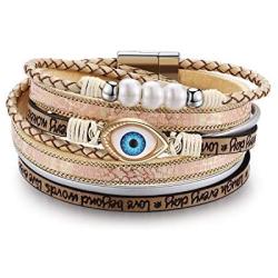 NEWNOVE Evil Eye Leather Bracelets for Women Bohemian Wrap Multilayer Wide Wrist Magnetic Clasp Buckle Casual Bangle Bracelets for Girls Women Birthday Mothers Day Graduation Gifts