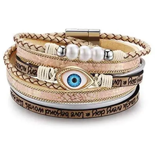 NEWNOVE Evil Eye Leather Bracelets for Women Bohemian Wrap Multilayer Wide Wrist Magnetic Clasp Buckle Casual Bangle Bracelets for Girls Women Birthday Mothers Day Graduation Gifts
