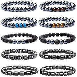 Jewdreamer 10Pcs Hematite Magnetic Bracelets for Men Women Tiger Eye Natural Stone Beaded Bracelets Magnetic Therapy Bracelet Lava Rock Oil Diffuser Aromatherapy Bracelets Set