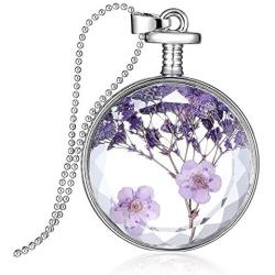 Round Dry Pressed Plant Specimen Lavender Pendant Necklace, Handmade Pressed Flower Necklace with White Gold Plated for Your Wife, Girlfriend, Lover, Mother, Friends & Colleagues