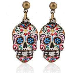 Colorful Skull Dangle Earrings: Halloween Day of the Dead (Dia De Los Meurtos) Drop Studs