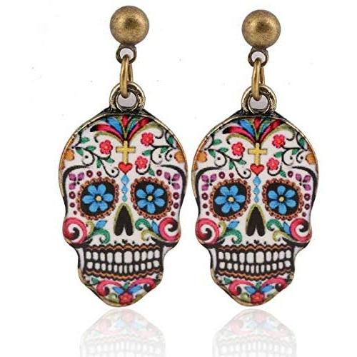 Colorful Skull Dangle Earrings: Halloween Day of the Dead (Dia De Los Meurtos) Drop Studs