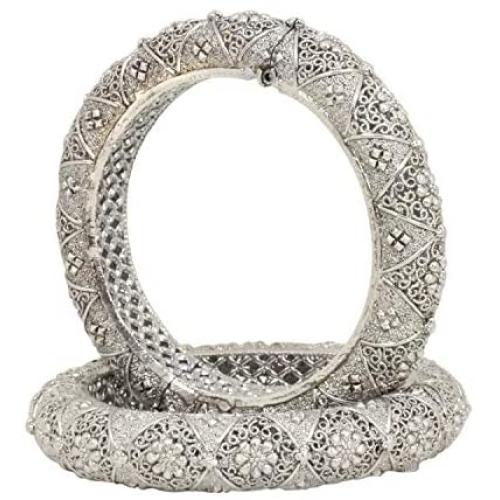 Sanara Indian Bollywood Traditional Antique Silver Tone Designer Polki Bangle Bracelet Set Women Wedding Ethnic Costume Jewelry