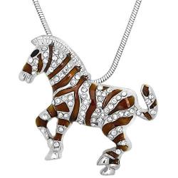 DianaL Boutique Silver Tone Zebra Horse Charm Pendant Necklace Enamel Crystals 18'' Chain