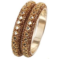 Touchstone ''Golden Bangle Collection Square Shape Faceted Kundan Look Yellow Faux Citrine Indian Bollywood Designer Jewelry Metal Bangle Bracelets in Antique Gold Tone for Women. Set of 2