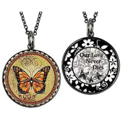 Lola Bella Gifts and Spirit Lala Orange Monarch Butterfly Grief Sympathy Gift Reversible Necklace with Our Love Never Dies and Butterfly Spirit Poem Card, Gift Box