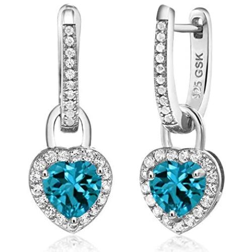 Gem Stone King 925 Sterling Silver London Blue Topaz and White Created Sapphire Earrings (2.40 Ct, Heart Shape 6MM)