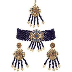 MUCH-MORE Traditional Ruby Beads Chick Choker Necklace Set with Earring & Tikka Women for Girls/Women