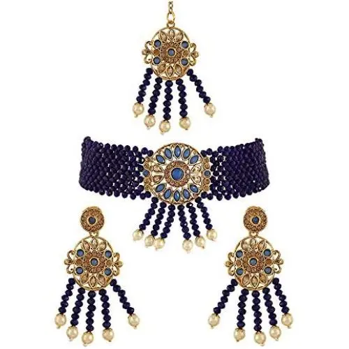 MUCH-MORE Traditional Ruby Beads Chick Choker Necklace Set with Earring & Tikka Women for Girls/Women
