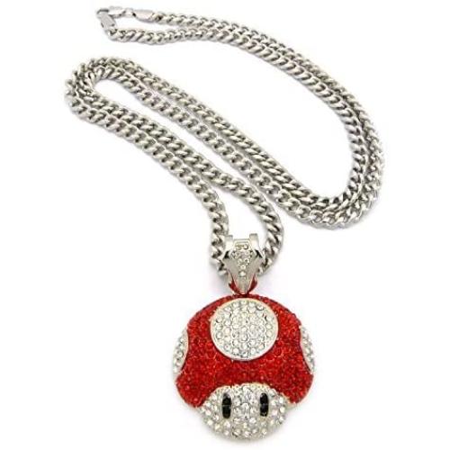 Bitter Sweet Store Mushroom Face Pendant Mens Iced Out Hip Hop Cuban Link 30'' Chain Necklace Red Silver