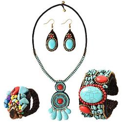 MAYTRY Original Woven Turquoise Necklace 4-Piece Set-Turquoise Necklace, Turquoise Bracelet, Turquoise Earrings, Turquoise Ring, Personalized Fashion Set
